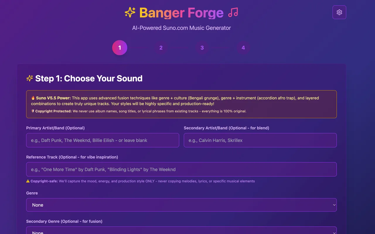 The Banger Forge step one screen, choosing genre, artist blend and reference track for a Suno brief
