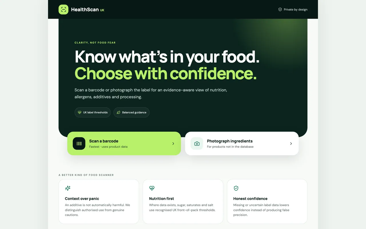 The HealthScan UK home screen, offering a barcode scan or an ingredients photograph