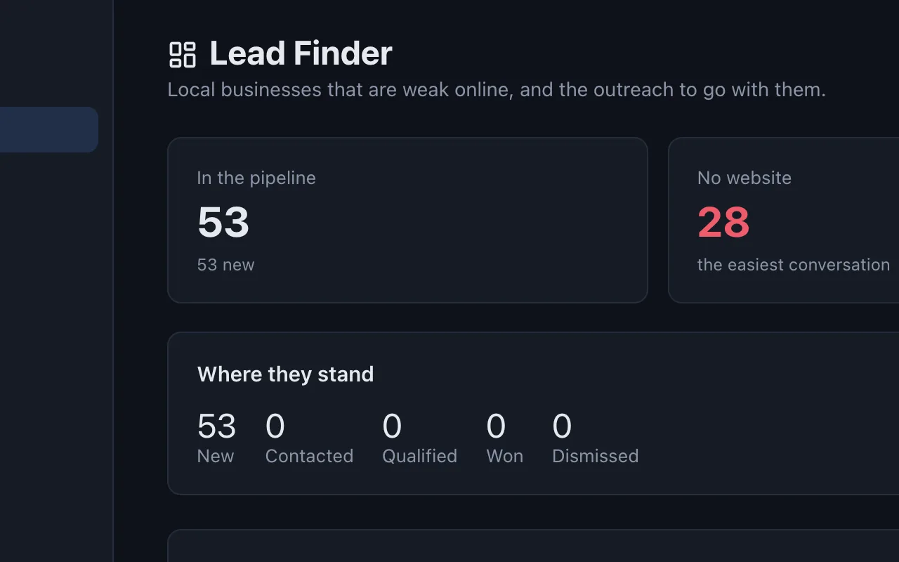 The Lead Finder trade picker, showing trades grouped by how likely they are to be missing a website