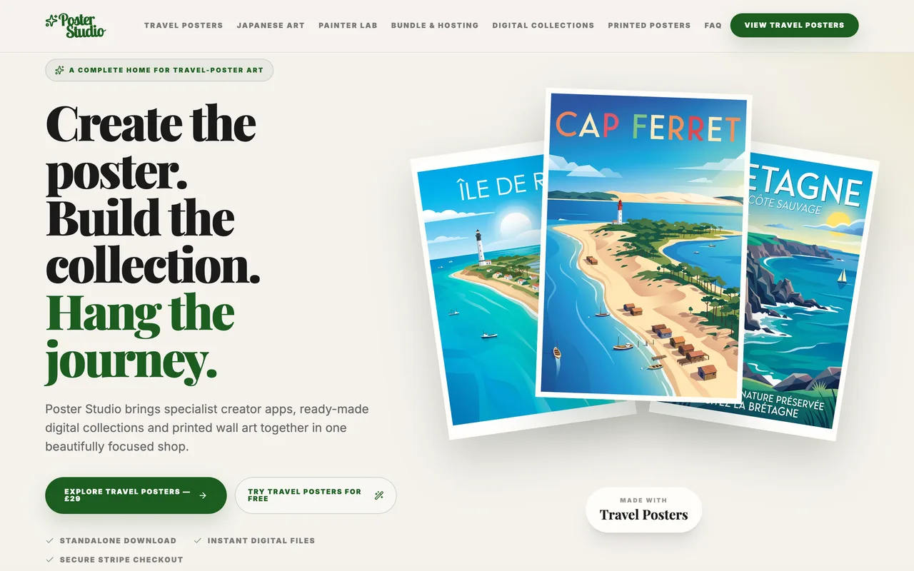 The Poster Studio shop, showing travel poster collections and the creator apps behind them