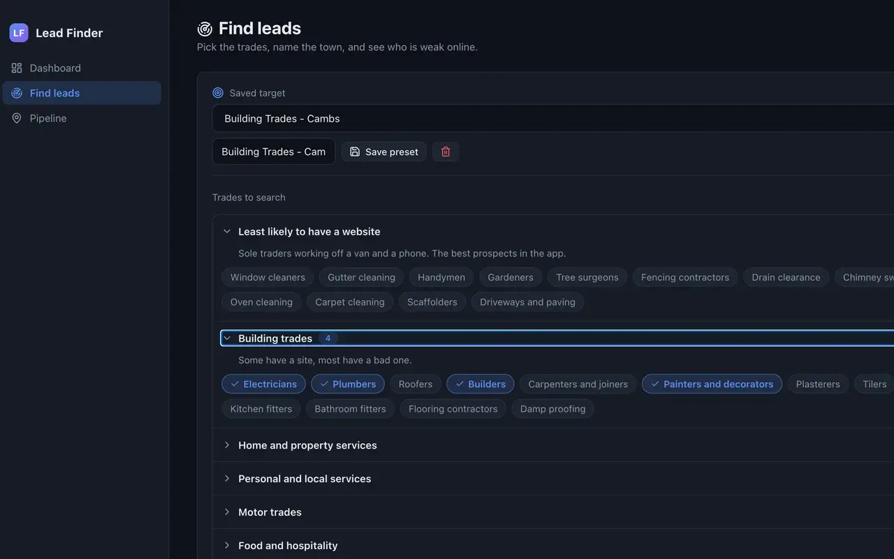 The Lead Finder trade picker, showing trades grouped by how likely they are to be missing a website