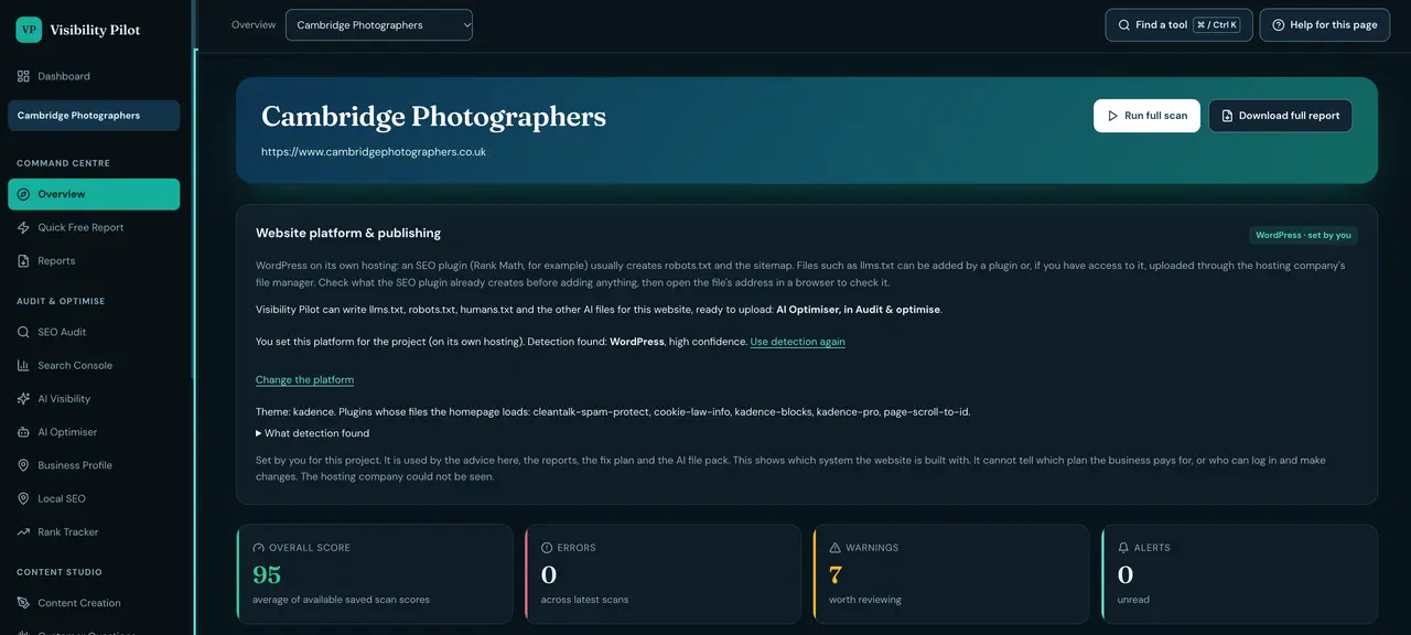 Visibility Pilot overview for Cambridge Photographers, showing an overall score of 95, no errors and seven warnings