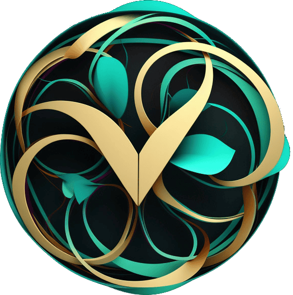 Vibrant abstract spherical art with gold and teal swirling design, representing creativity and modern digital graphics.