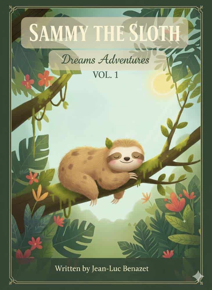 Charming sloth on a tree branch with lush jungle foliage in the background.