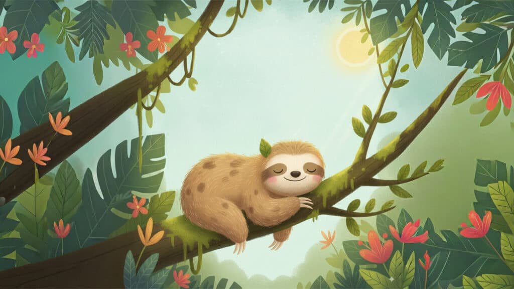 Cute sleeping sloth on jungle tree branch surrounded by lush tropical leaves and flowers.