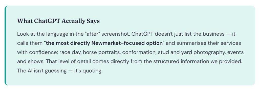 What ChatGPT Actually Says
Look at the language in the "after" screenshot. ChatGPT doesn't just list the business — it calls them "the most directly Newmarket-focused option" and summarises their services with confidence: race day, horse portraits, conformation, stud and yard photography, events and shows. That level of detail comes directly from the structured information we provided. The AI isn't guessing — it's quoting.